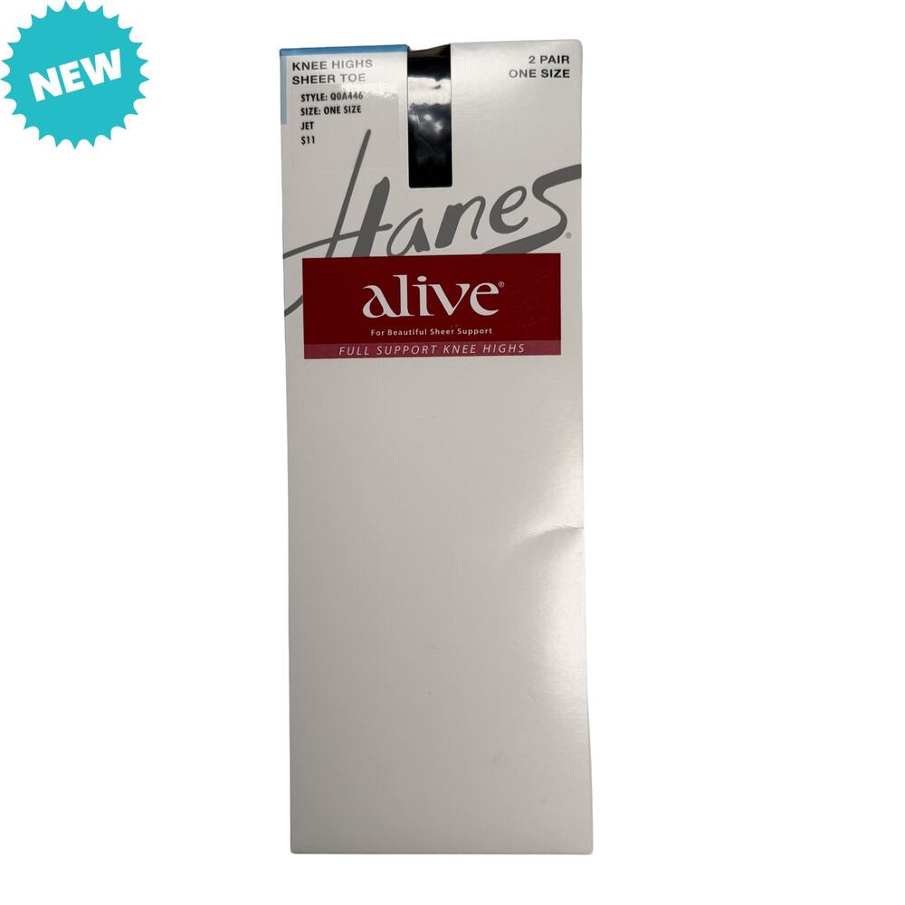 Hanes OA446 Alive Full Support Knee Highs Sheer Jet Black OSFM New Sealed 2 Pair